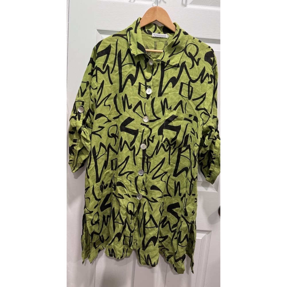 T By Transparente Italy Abstract Tunic Vintage Linen Lagenlook Button Shirt 1